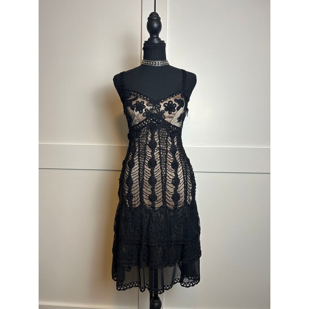 Sue Wong Black & Tan Beaded Mermaid Dress ✨ 1920s Gatsby Floral Cocktail